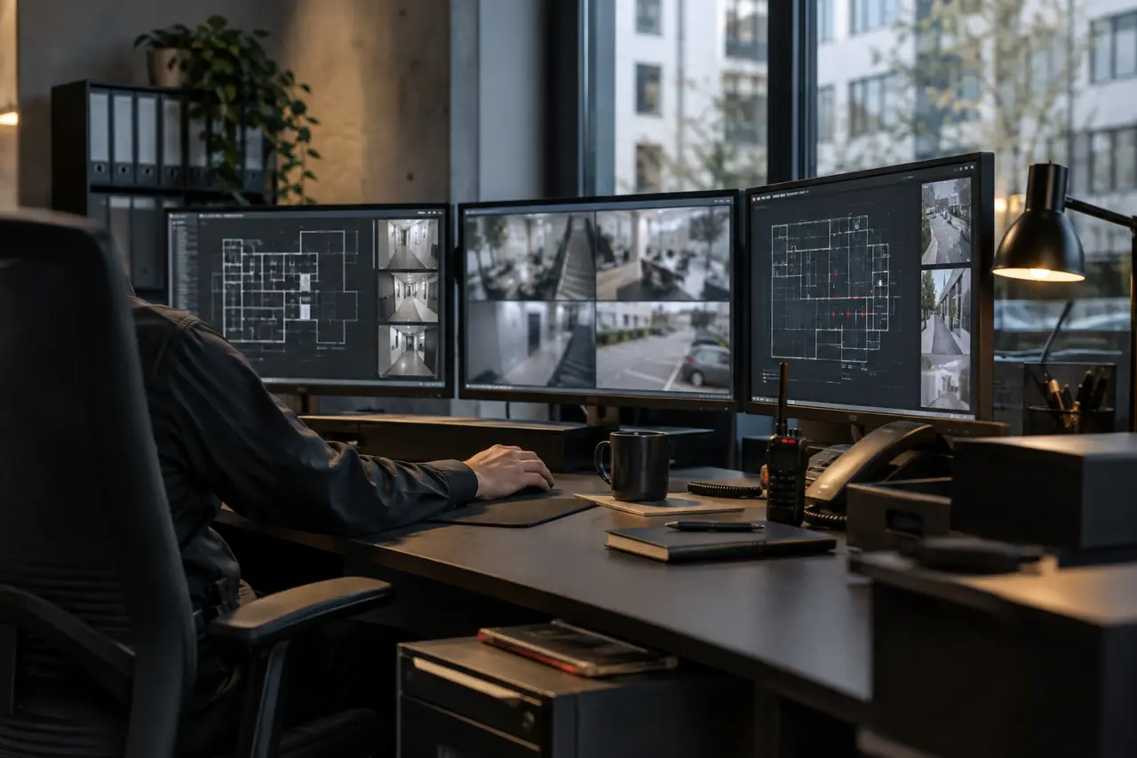 Illustration: Arbeitsplatz mit Überwachungsmonitoren, ohne erkennbares Gesicht