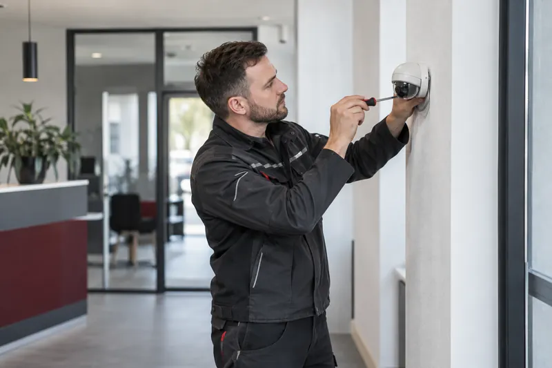 Techniker montiert eine Kamera an einer Wand