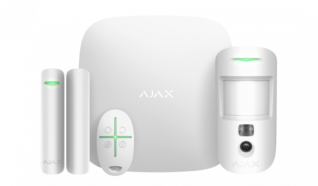 AJAX Sicherheitsset für Einbruchschutz in Rödermark – bestehend aus Hub, Door Protect Öffnungsmelder, Motion Cam mit Fotoverifizierung, Key Pad und Fernbedienung, angeboten von BRR Sicherheit.