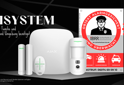 AJAX Alarmsystem mit Hub, Bewegungsmelder, Türsensor, Fernbedienung und BRR-Sicherheitsschild; Angebotsbadge „ab 19,90 € mtl.“; Hinweis „jetzt anfragen“ für Rödermark und Umgebung.