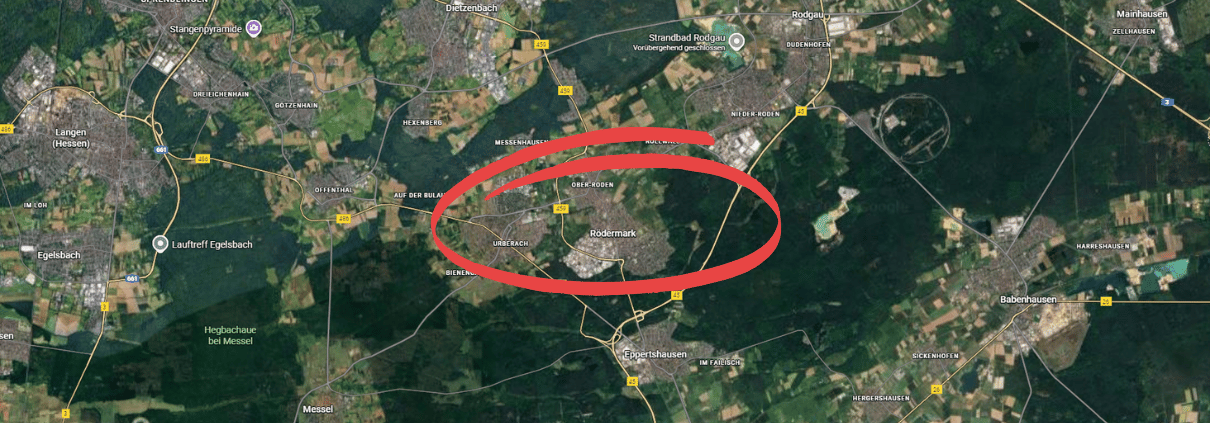 Karte von Rödermark und Umgebung mit markierten Einsatzgebieten des BRR-Sicherheitsservice in Dietzenbach und Eppertshausen.